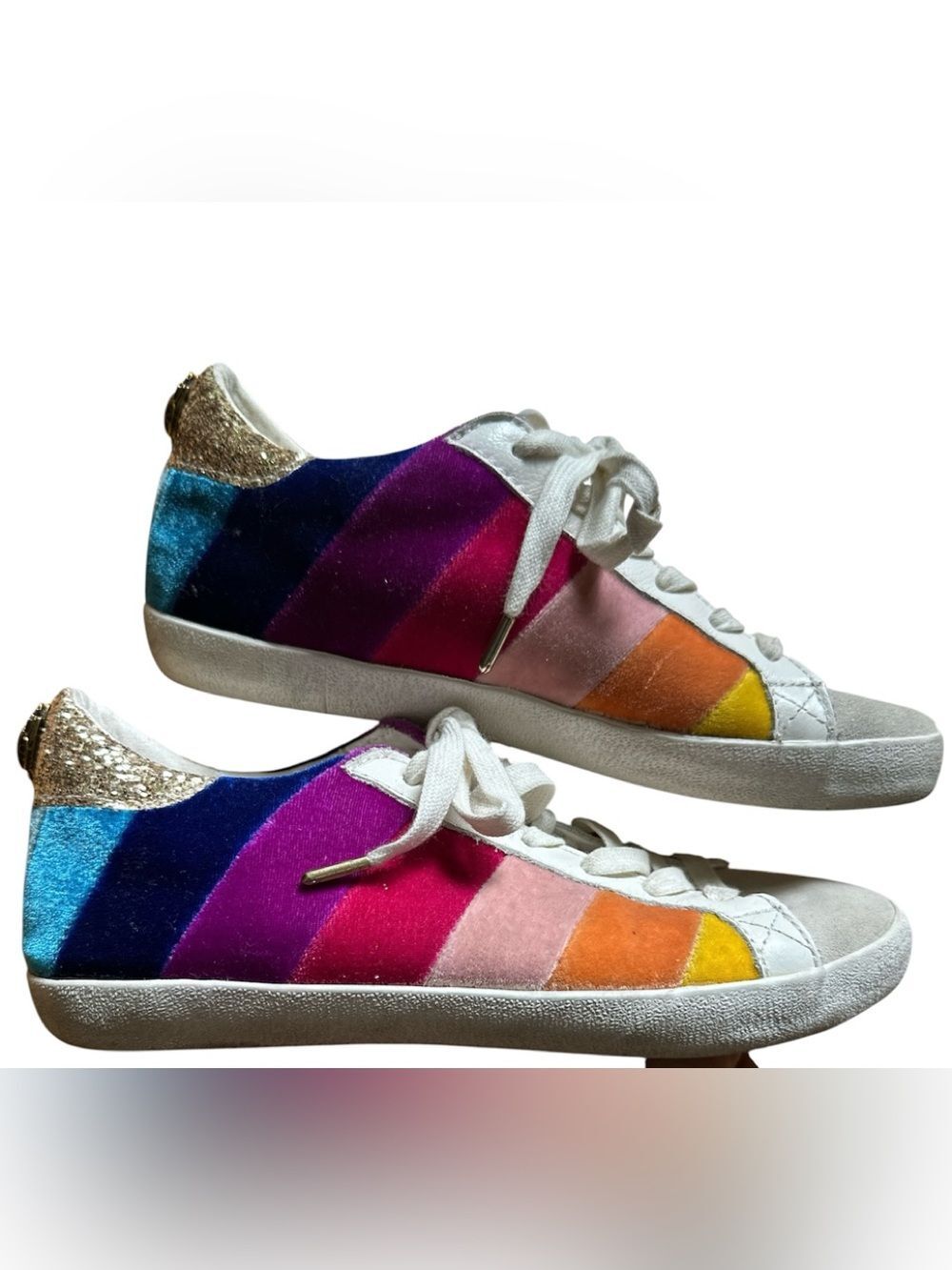 Kurt Geiger Multicolor Velvet Stripe Sneakers with Gold Heel Sz. 38 or 7.5